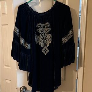 Tasha Polizza  blue velvet  mini dress with gold embroidery